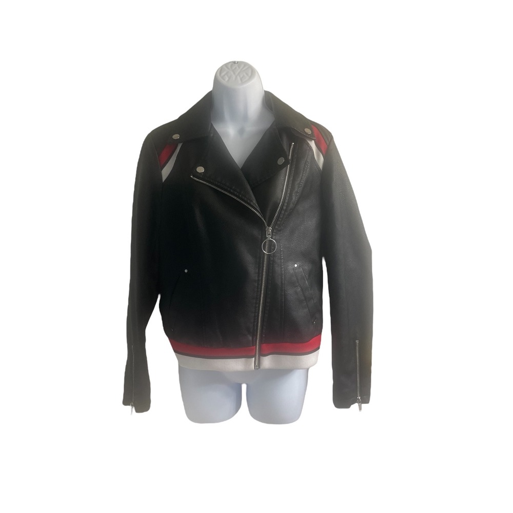 INC International Concepts Moto Jacket Faux Leather Red White‎ Trim Small